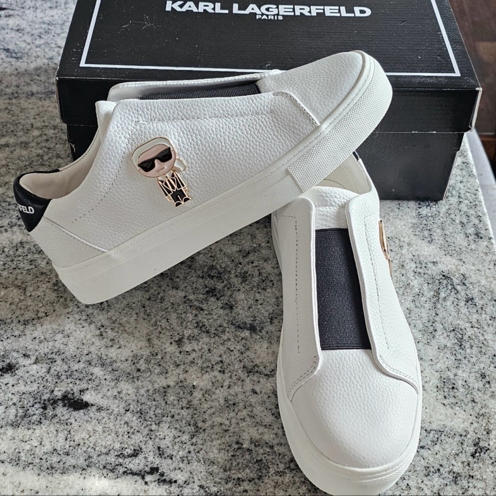Karl Lagerfeld White and Black Slip-On Sneakers